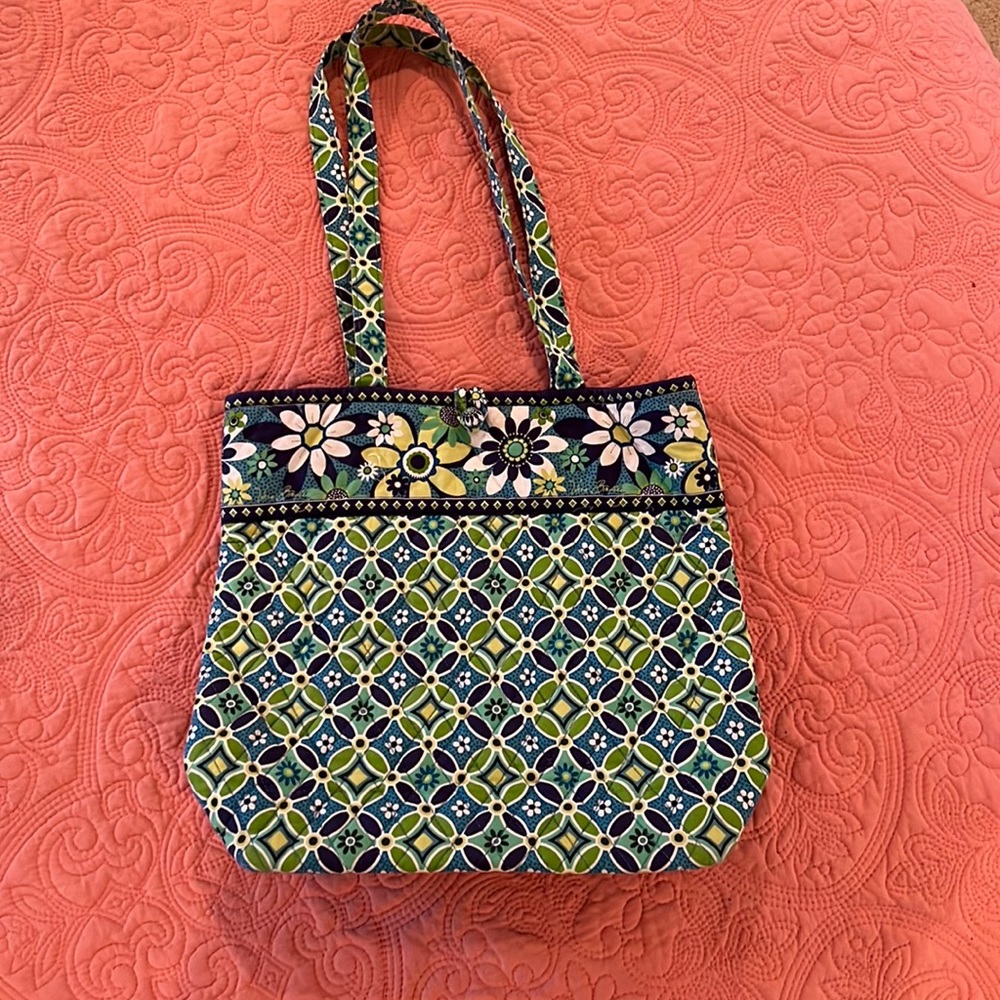 Retired design Vera Bradley blue, green, and white small tote bag.